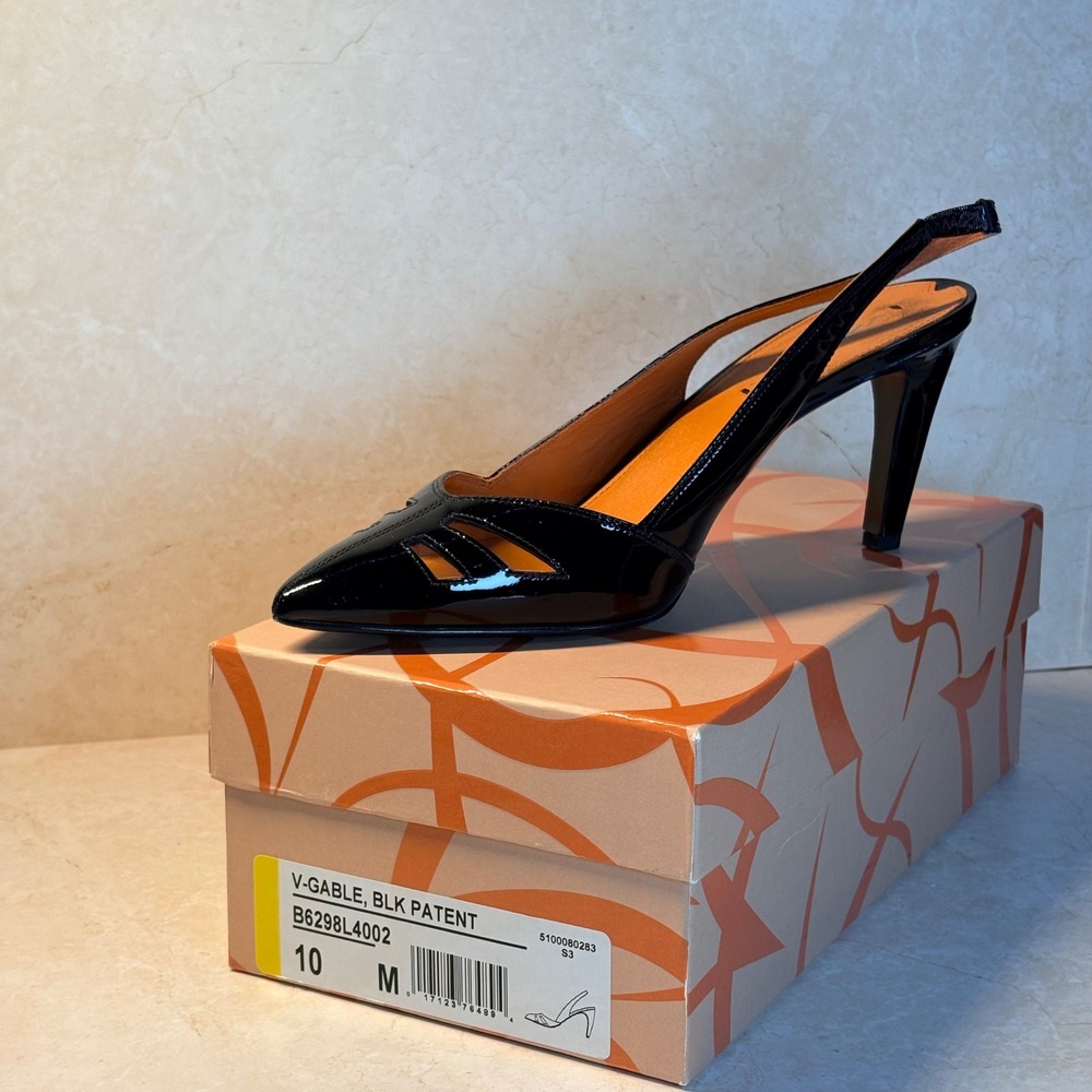 Via Spiga V-Gable Black Patent Leather Cut-Out Slingback Pumps Heels 10M Office